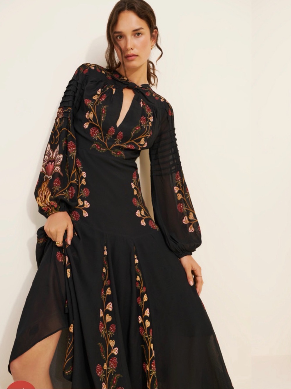 Farm Rio Black Berry Garden Long Sleeve Pleated Midi Dress Size XS